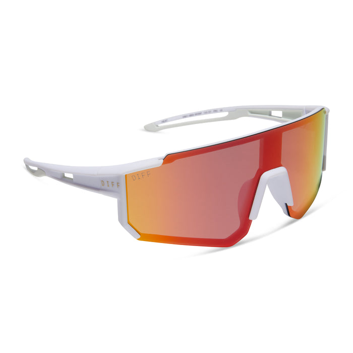 diff sport heat shield sunglasses with a matte white frame and sunset mirror polarized lenses angled view