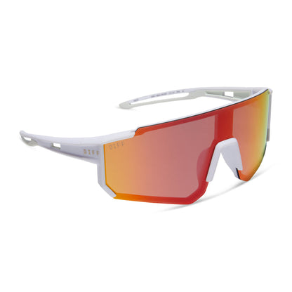 diff sport heat shield sunglasses with a matte white frame and sunset mirror polarized lenses angled view