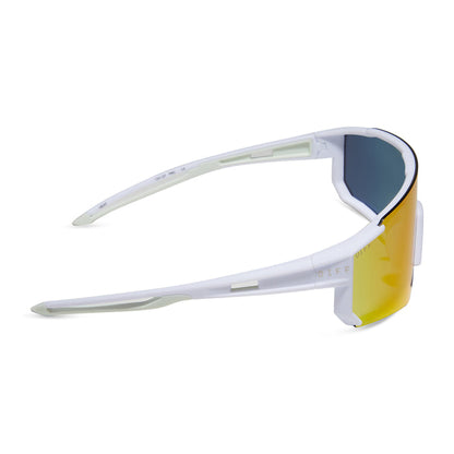 diff sport heat shield sunglasses with a matte white frame and sunset mirror polarized lenses side view