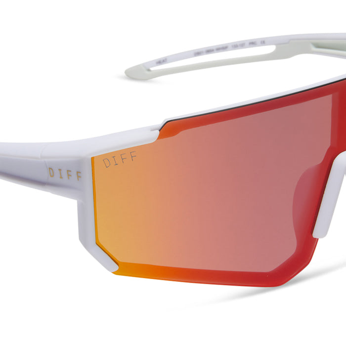 diff sport heat shield sunglasses with a matte white frame and sunset mirror polarized lenses detailed view