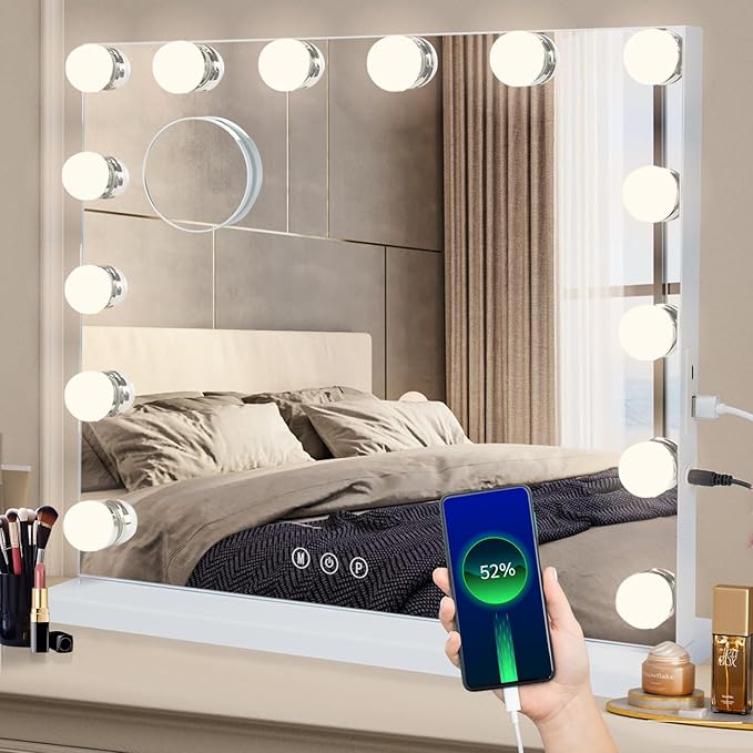 Hollywood LED Lighted Vanity| Makeup Mirror | Large Light Up Makeup Mirror with 14 Dimmable LED Bulbs 3 Lighting Modes | Touch Screen Control Tabletop | USB charging point | Wall Mounted Mirror for Dressing Table
