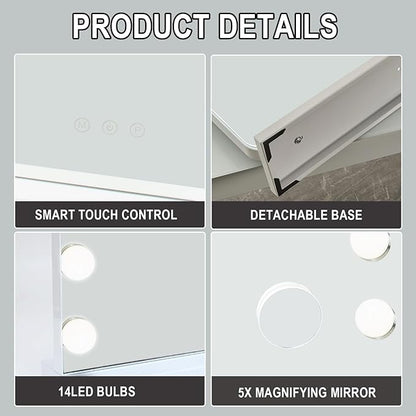 Hollywood LED Lighted Vanity| Makeup Mirror | Large Light Up Makeup Mirror with 14 Dimmable LED Bulbs 3 Lighting Modes | Touch Screen Control Tabletop | USB charging point | Wall Mounted Mirror for Dressing Table