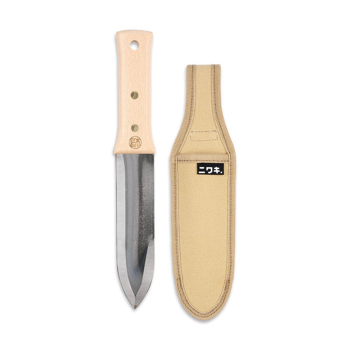 Niwaki trowel with wooden handle next to canvas sheath on white background
