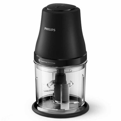 Philips food chopper with black lid and clear base on a white background