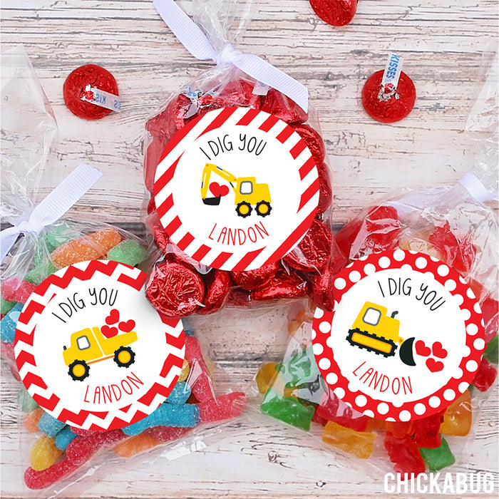 "I Dig You"  Construction Vehicles Valentine's Day Stickers
