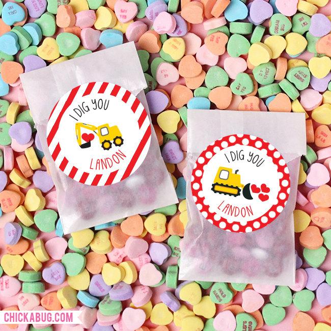 "I Dig You"  Construction Vehicles Valentine's Day Stickers