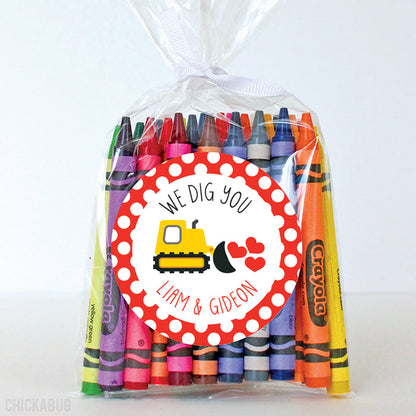 "I Dig You"  Construction Vehicles Valentine's Day Stickers