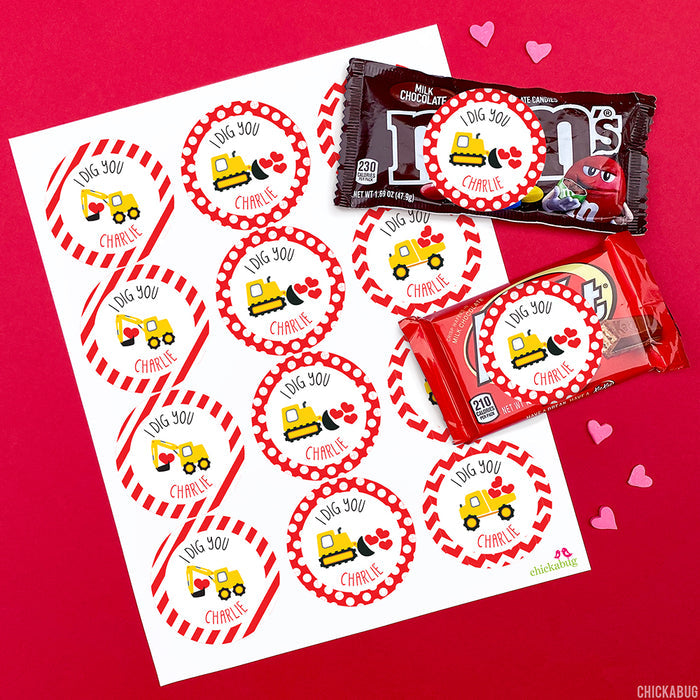 "I Dig You"  Construction Vehicles Valentine's Day Stickers