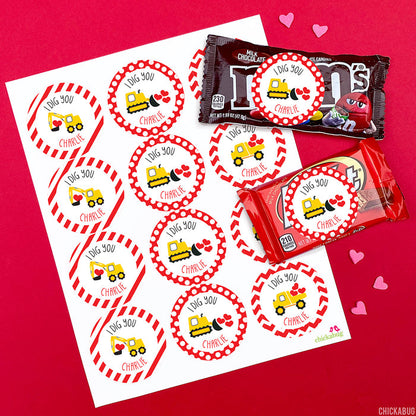 "I Dig You"  Construction Vehicles Valentine's Day Stickers