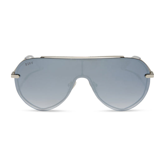 diff eyewear featuring the imani shield sunglasses with a silver frame and grey gradient with silver flash lenses front view