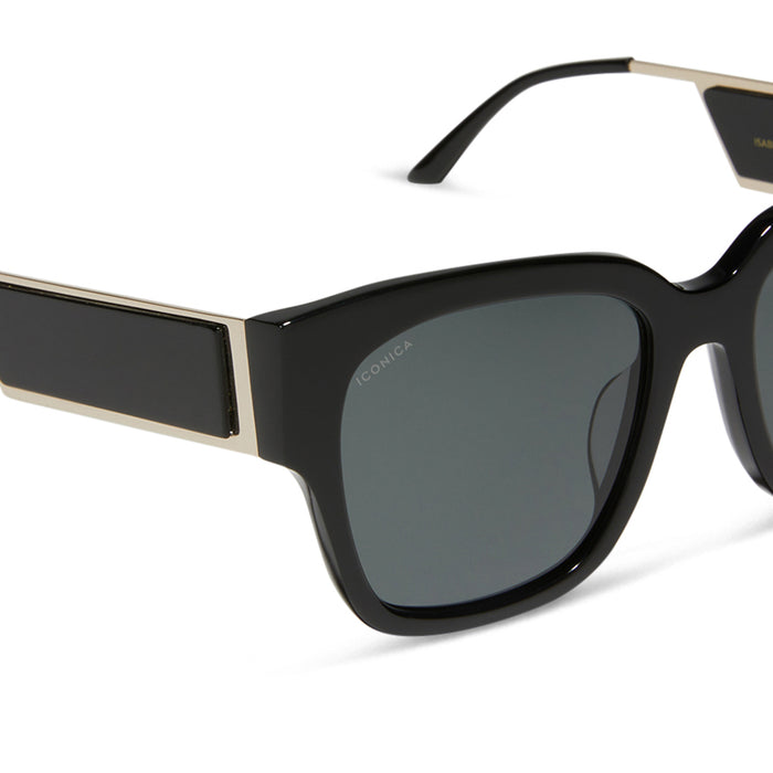 diff eyewear isabella square sunglasses with a black frame and grey polarized lenses detailed view