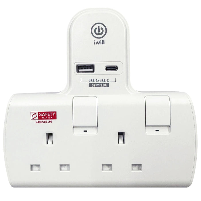 IW-T802U 2-WAY T-ADAPTOR WITH USB-A & USB-C