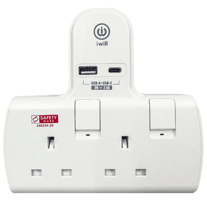 IW-T802U 2-WAY T-ADAPTOR WITH USB-A & USB-C