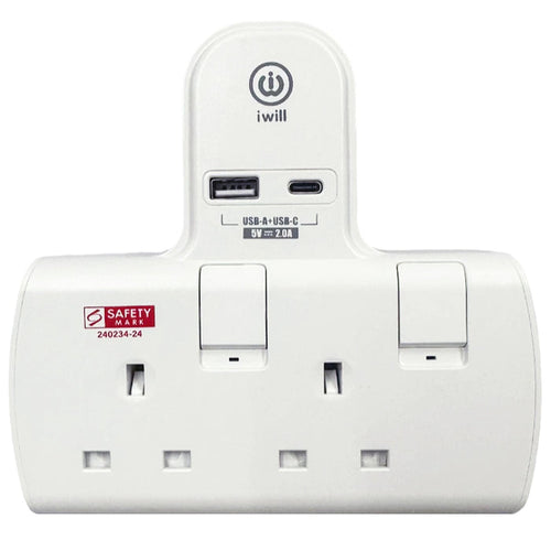 IW-T802U 2-WAY T-ADAPTOR WITH USB-A & USB-C