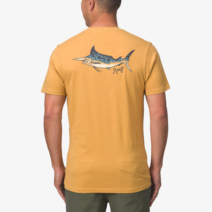 Man wearing a honey mustard Jacob Tee showing back with a marlin fish graphic, surf-inspired comfort apparel for men.