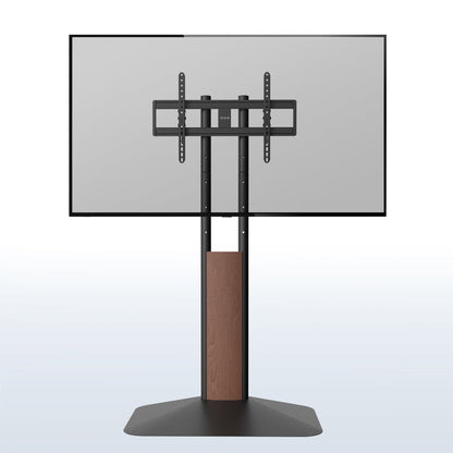A black freestanding TV stand with a brown wooden accent.