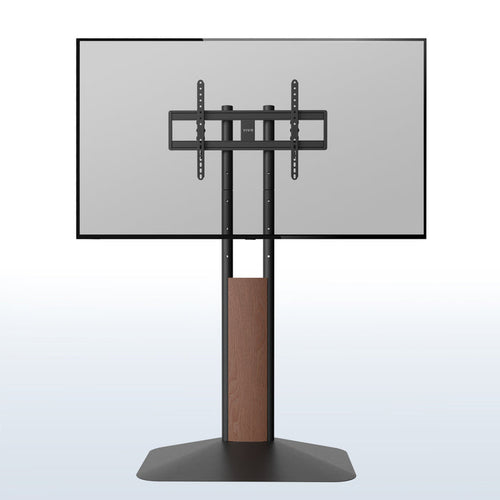 A black freestanding TV stand with a brown wooden accent.