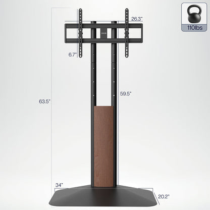 TV stand with dimensions and weight capacity indicator on a white background