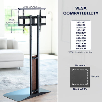 TV stand with VESA compatibility diagram in a living room setting