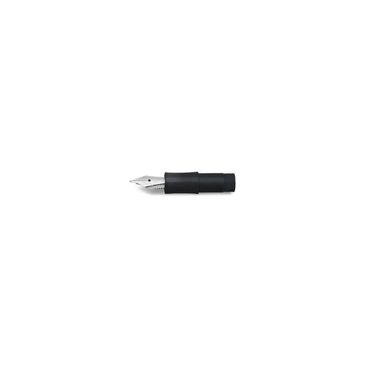 Silver fountain pen nib on white background