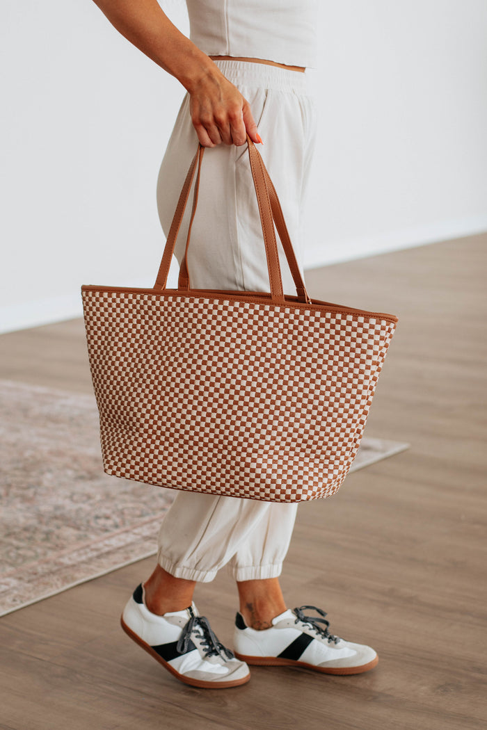 Keeley Checkered Tote Bag - Cognac