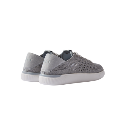 Kids Neptune grey shoes facing right showing heel and side, breathable mesh, lightweight with arch support and cushioning.