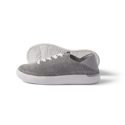 Kids Neptune grey knit sneaker for kids facing right with cushioned sole and breathable upper, designed for beach comfort.