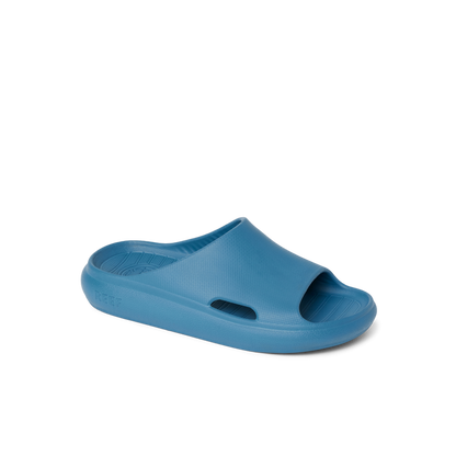 Kids Rio Slide in blue facing right, showing front and side with water-friendly, cushioned design for comfort.