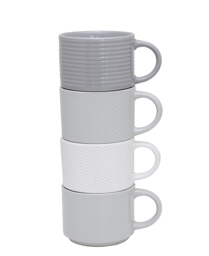 kitchen Life 4 Piece Mug Set - Embossed White and grey