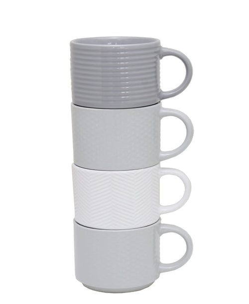 kitchen Life 4 Piece Mug Set - Embossed White and grey