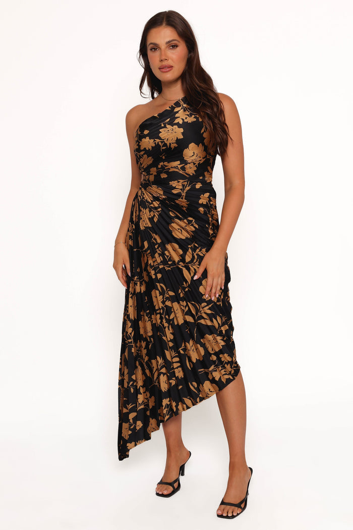 Petal and Pup USA DRESSES Kleo One Shoulder Maxi Dress - Black/Gold