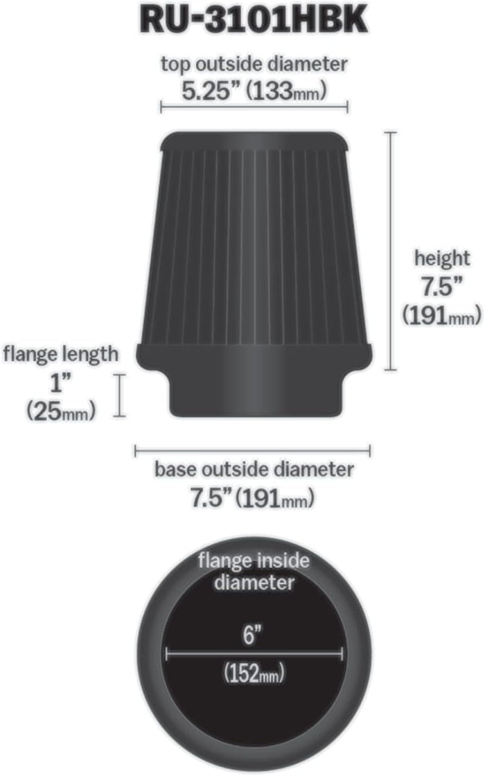 K&N Universal ClampOn Air Intake Filter Round Tapered RU3101HBK
