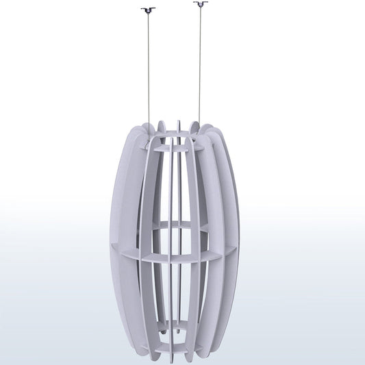A large oval-shaped acoustic ceiling sound absorber in a light gray color, designed to be suspended from the ceiling.