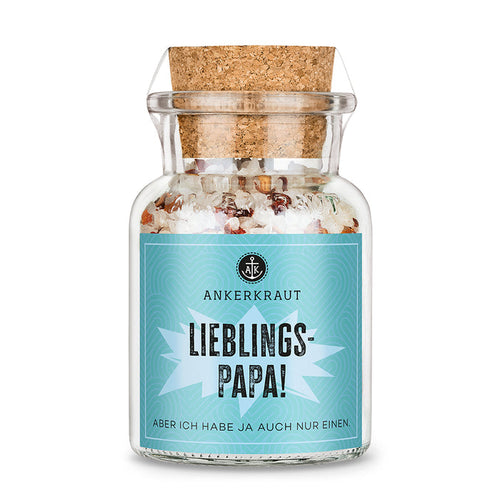 Lieblingspapa von Ankerkraut im Korkenglas auf weißem Hintergrund.