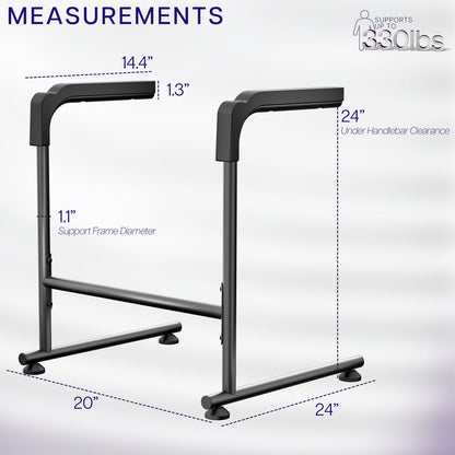 Measurement chart of a stand assist bar with dimensions labeled on a white background.
