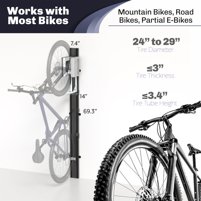 Wall mounted bike rack with mechanical lift with measurements on a white background.
