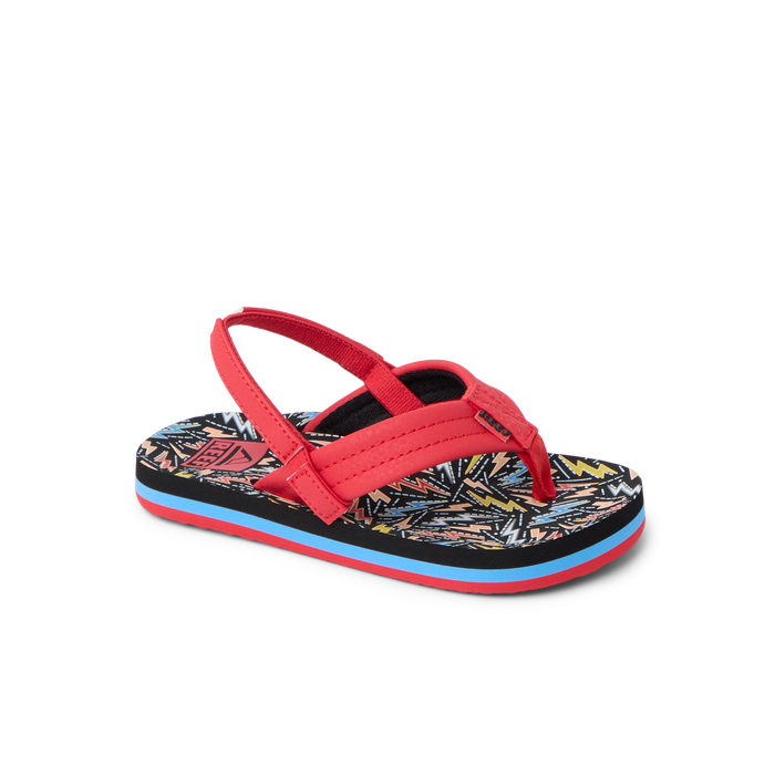 Little Ahi boys sandal facing right, close-up of front and side, featuring soft rebound cushioning and arch support.