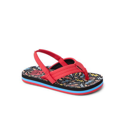 Little Ahi boys sandal facing right, close-up of front and side, featuring soft rebound cushioning and arch support.