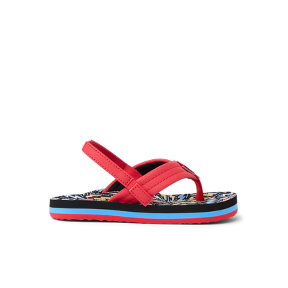 Little Ahi sandal for boys facing left, showing red straps and patterned footbed, designed for beach comfort and durability.