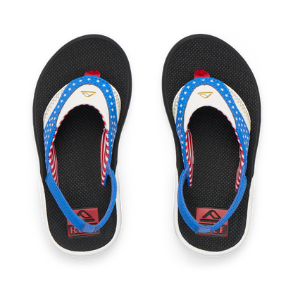 Little Fanning boys' sandals top view with blue, white, and red straps, featuring comfy arch support and soft cushioning.