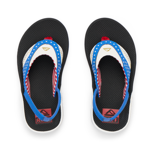 Little Fanning boys' sandals top view with blue, white, and red straps, featuring comfy arch support and soft cushioning.