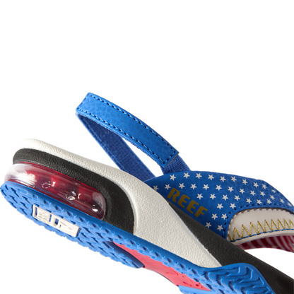Little Fanning boys' sandal facing left, close-up of heel with air cushion and blue star-patterned strap