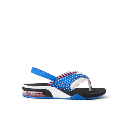 Little Fanning boys' sandal facing right with surf-inspired design, soft cushioning, and anatomical arch support.