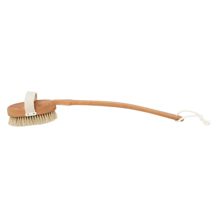 Wooden bath brush with long handle and cotton loops on white background