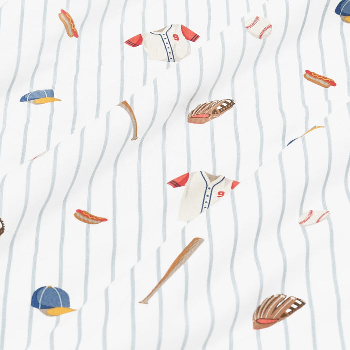 Close up of the fabric showing the baseball print