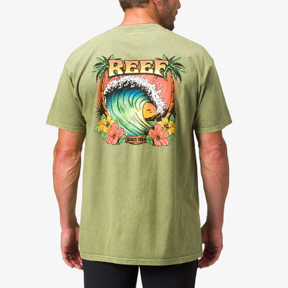 Man wearing the back of olive green Lonnie Tee with colorful surf-inspired REEF wave graphic and floral design