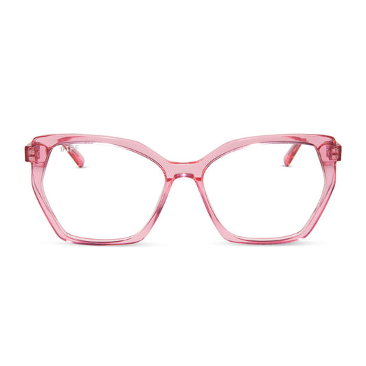 diff eyewear featuring the maisie cateye glasses with a candy pink crystal frame and prescription lenses front view