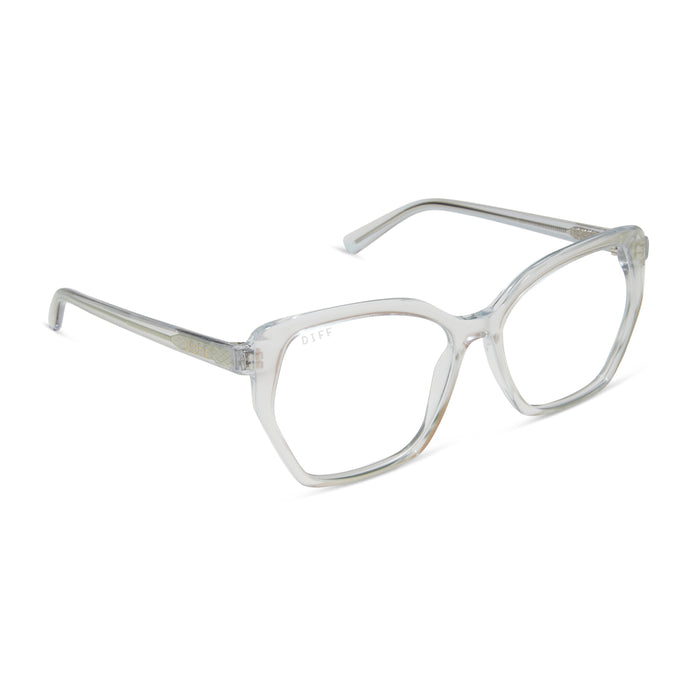 diff eyewear featuring the maisie cateye glasses with a opalescent pink frame and prescription lenses angled view