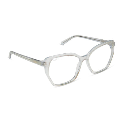 diff eyewear featuring the maisie cateye glasses with a opalescent pink frame and prescription lenses angled view