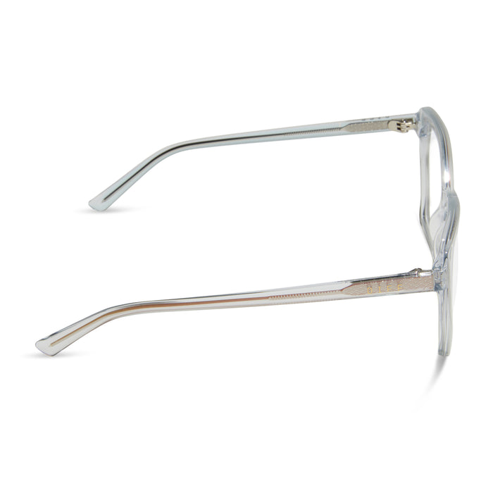 diff eyewear featuring the maisie cateye glasses with a opalescent pink frame and prescription lenses side view